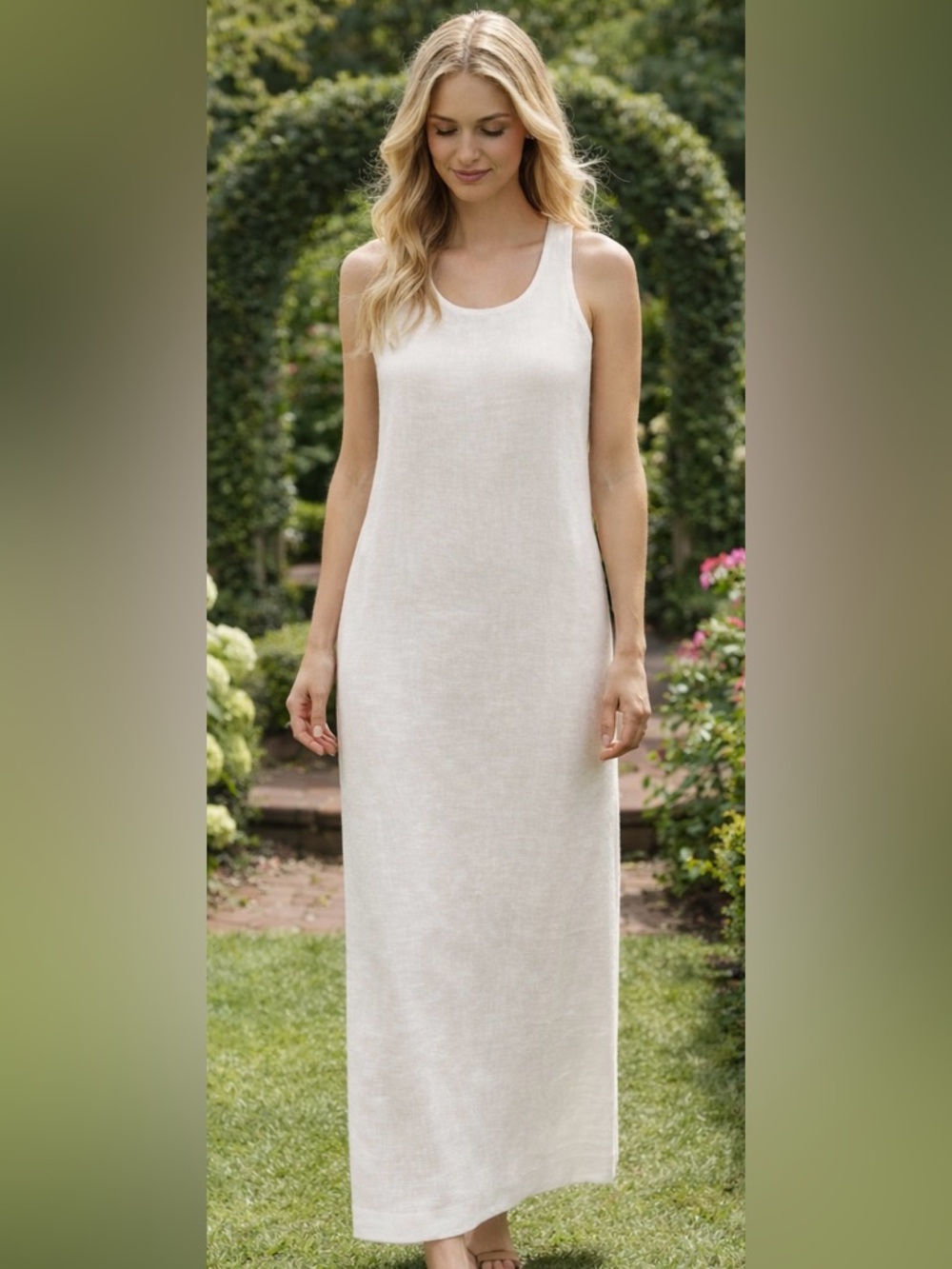 Harve Bernard Linen Maxi Dress Sz 8 Beige Minimalist Coastal Vintage